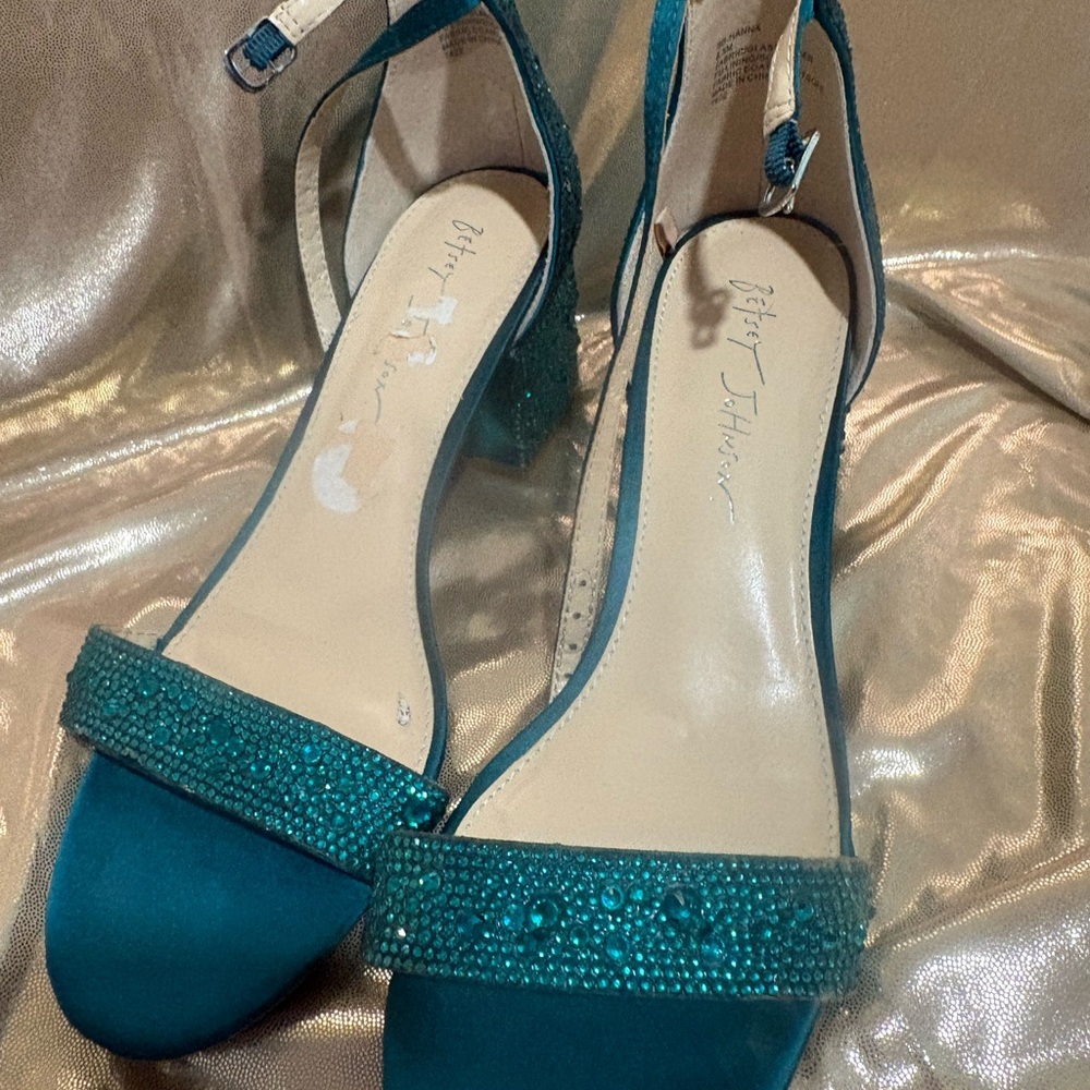 Betsey Johnson Teal Crystal Strap Block Heel Sandals